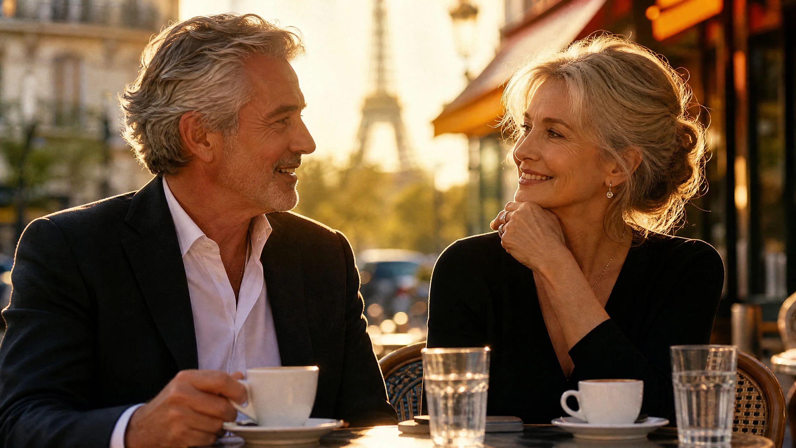Couple senior souriant au café