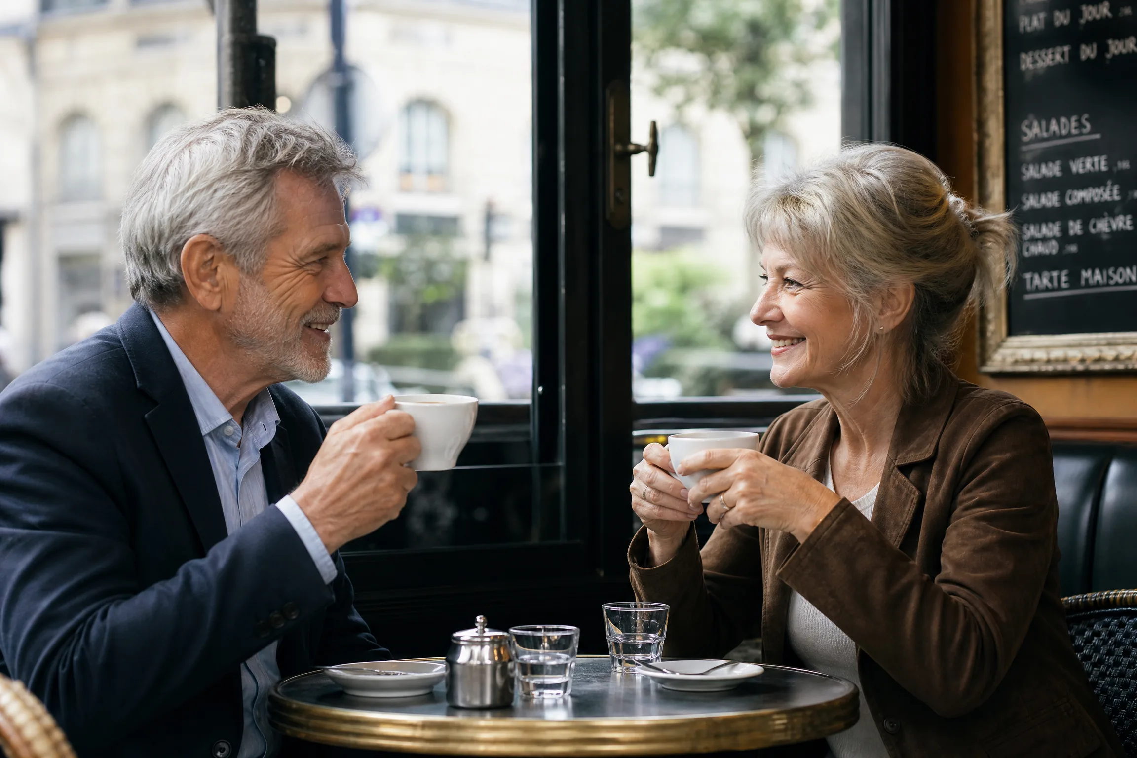 Premier rendez-vous entre deux seniors dans un café parisien