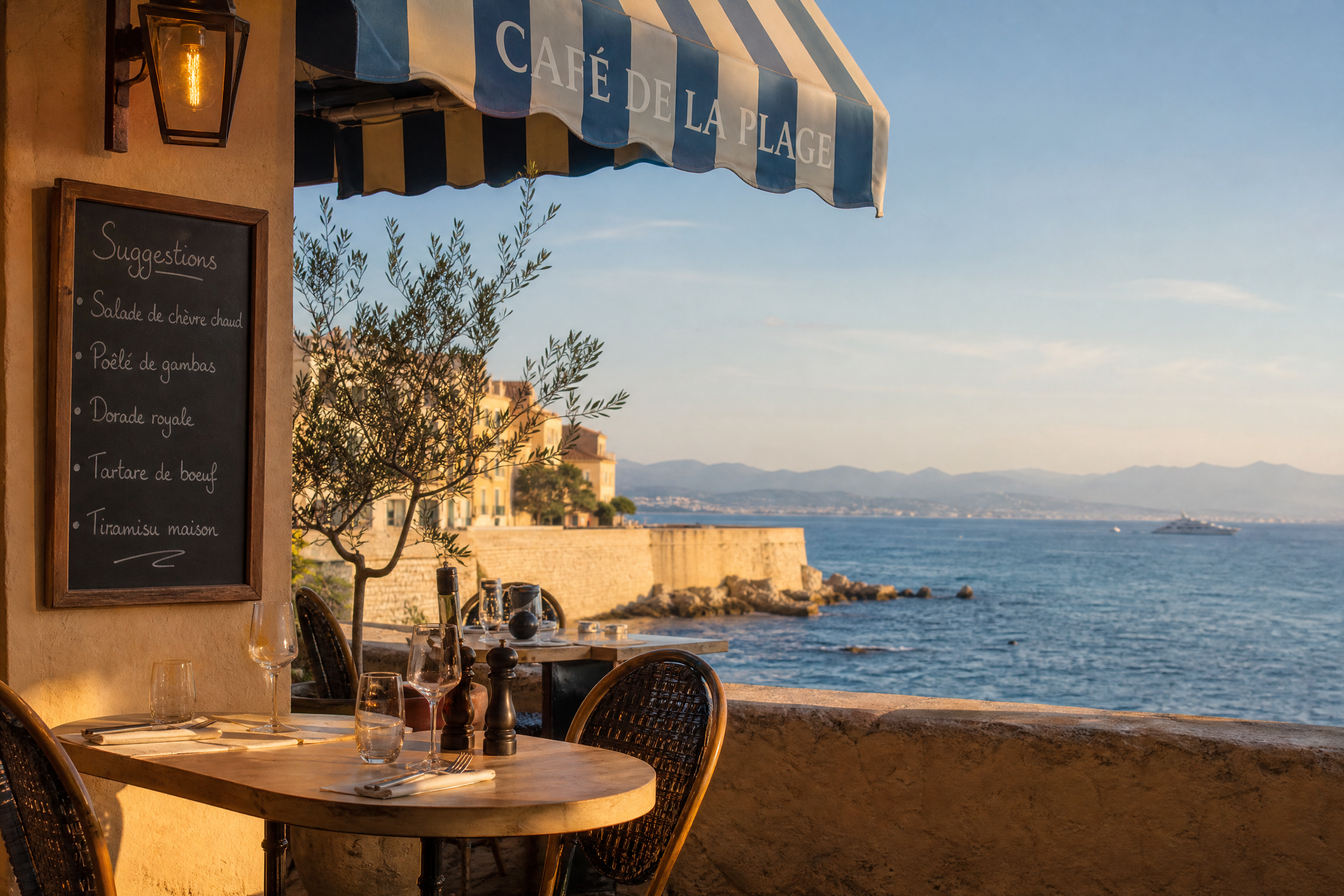 Terrasse de café à Antibes pour une rencontre senior