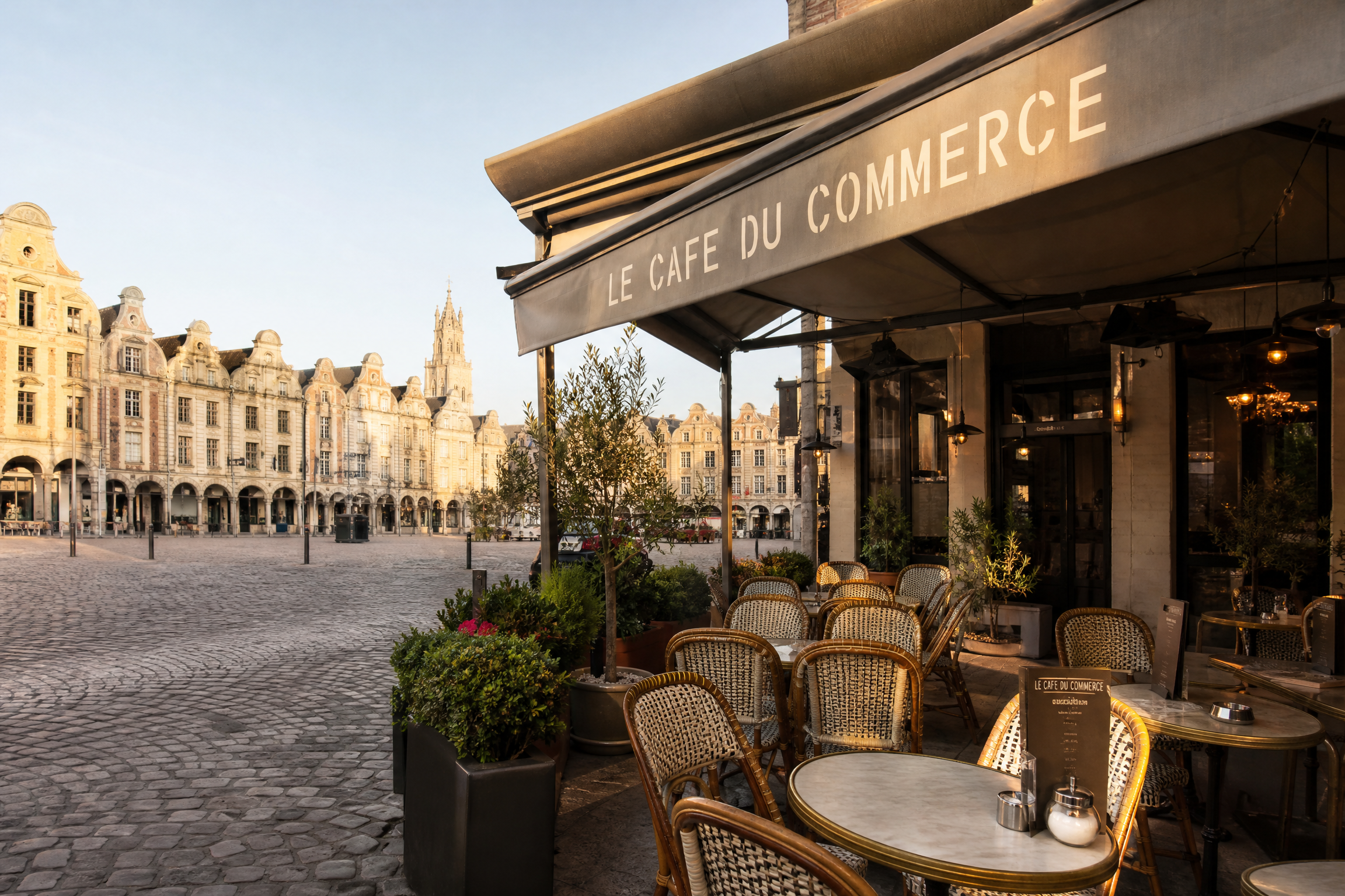 Terrasse de café sur la Grand Place d'Arras pour une rencontre senior