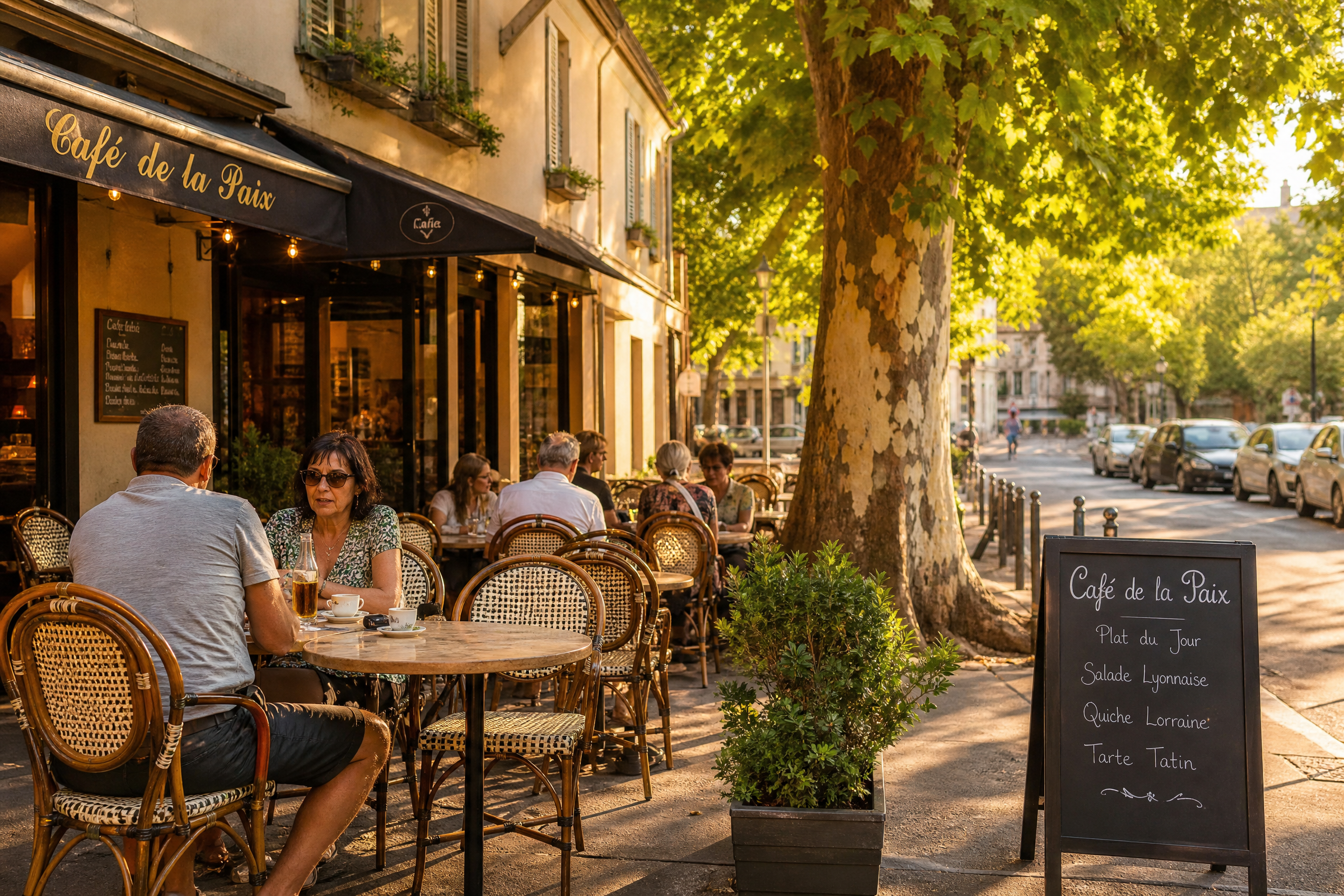 Terrasse de café à Caluire-et-Cuire pour une rencontre senior