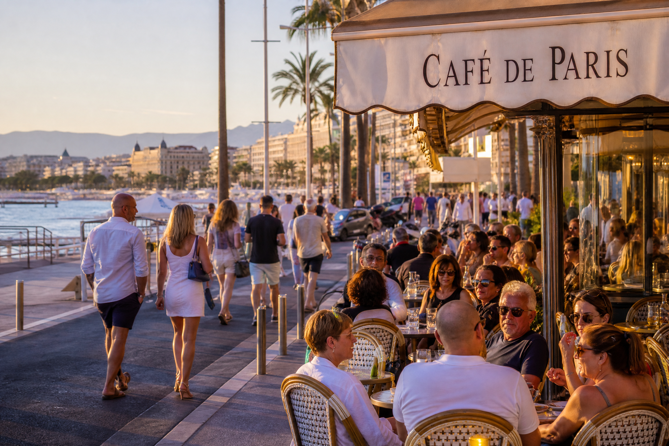 Terrasse de café à Cannes pour une rencontre senior