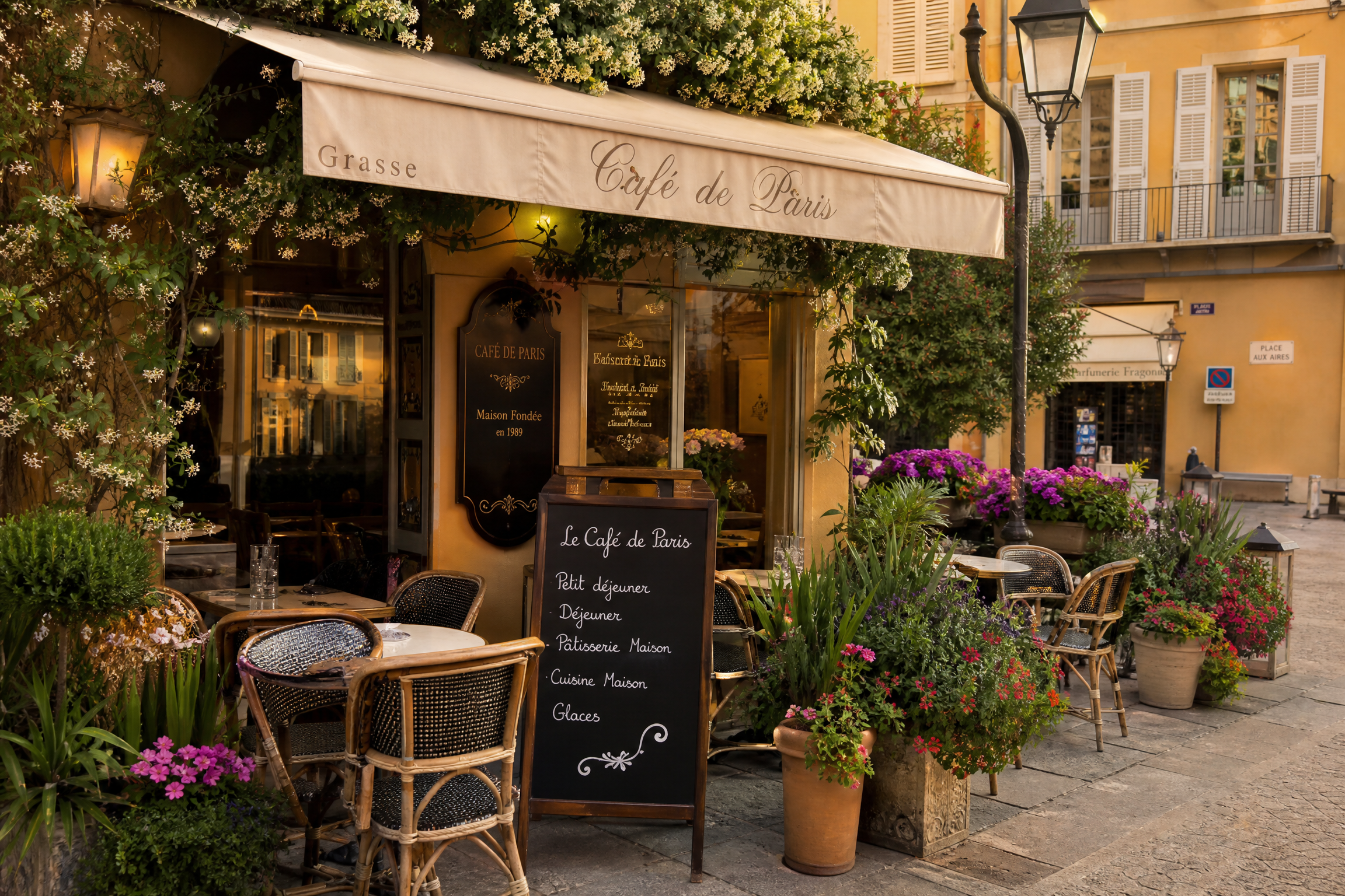 Terrasse de café à Grasse pour une rencontre senior