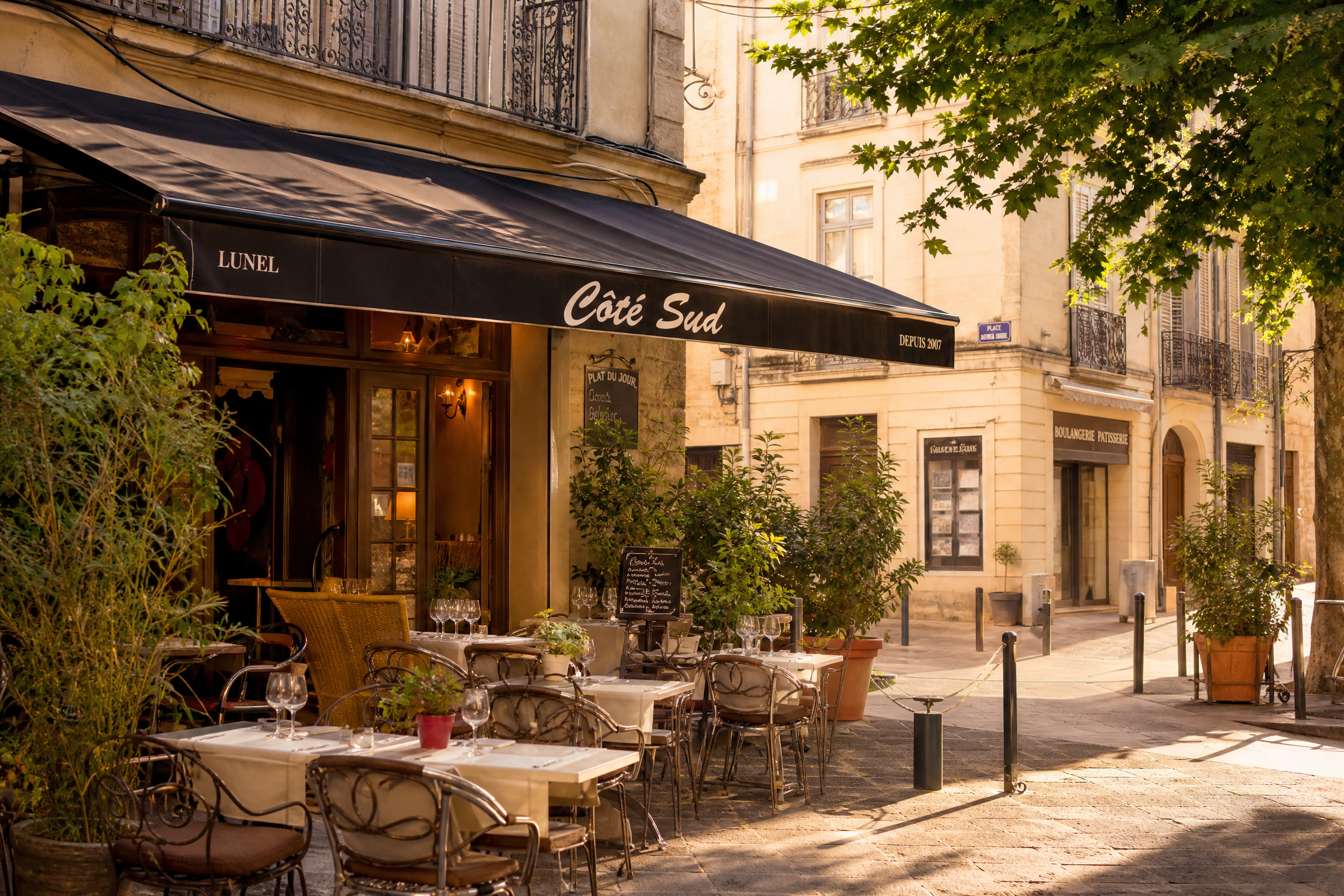 Terrasse de café à Lunel pour une rencontre senior