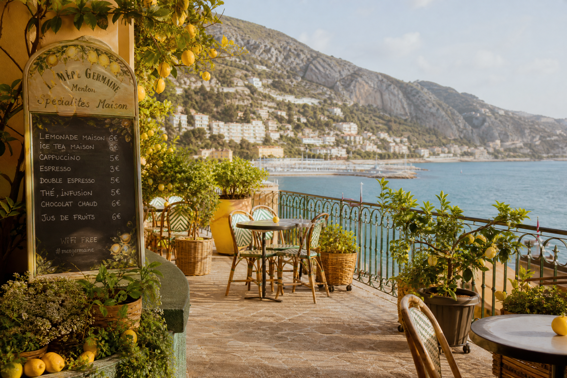 Terrasse de café à Menton pour une rencontre senior