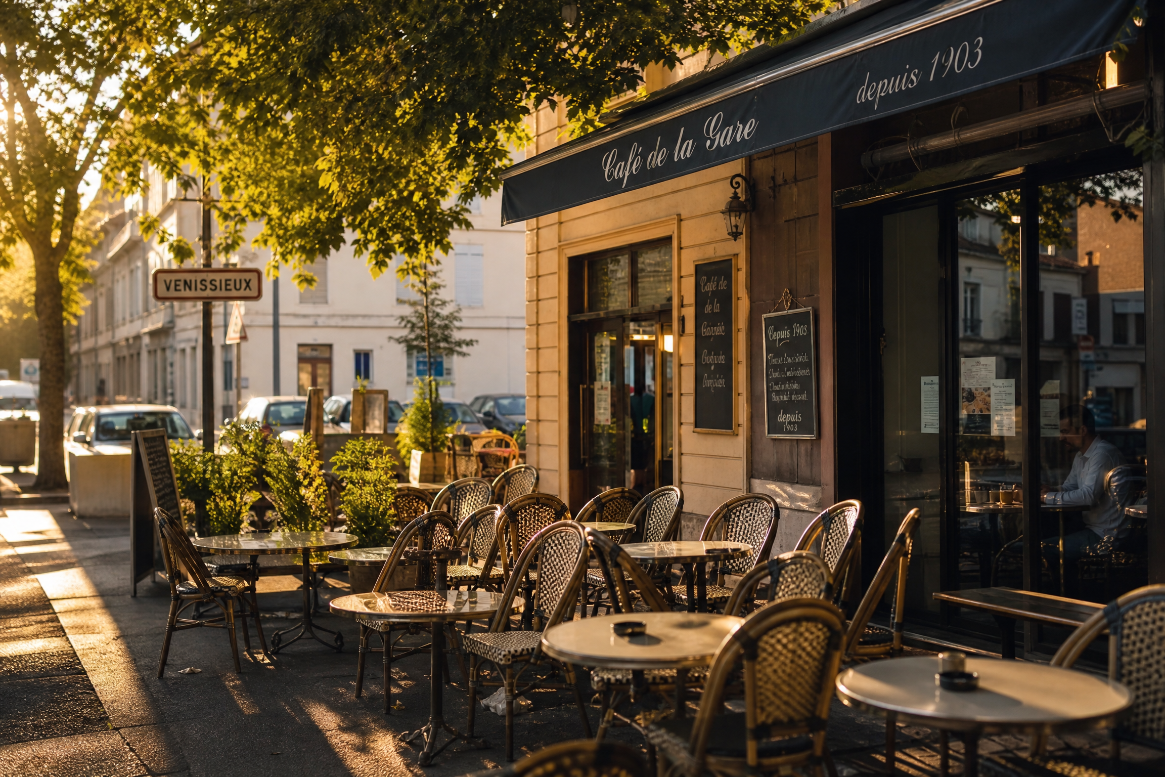 Terrasse de café à Vénissieux pour une rencontre senior