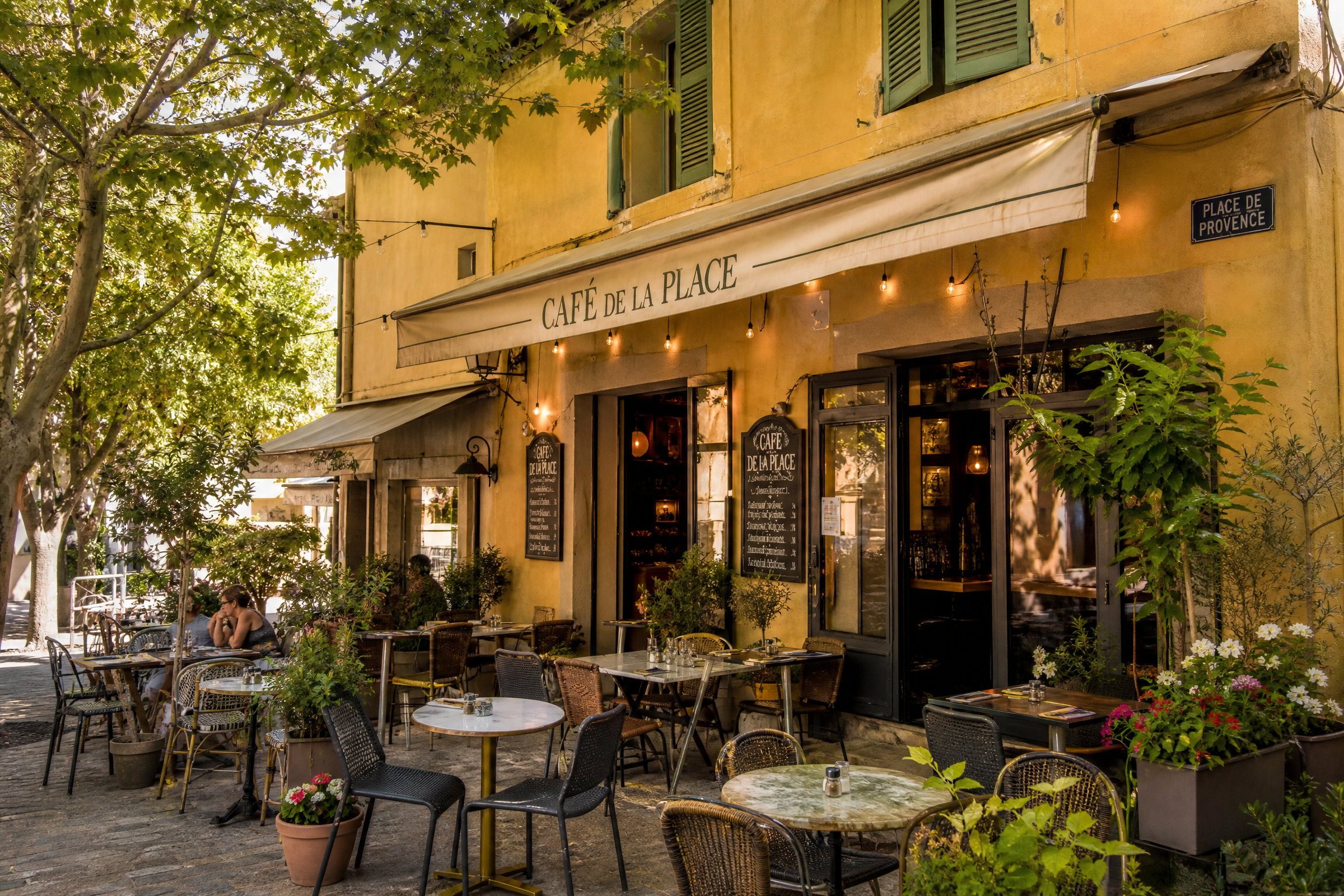 Terrasse de café à Vitrolles pour une rencontre senior